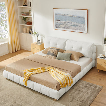 King Cream Style Bouclé Fabric Platform Bed, Soft Cloud-Like Upholstered Frame with Solid Wood Legs, No Box Spring Needed image 1