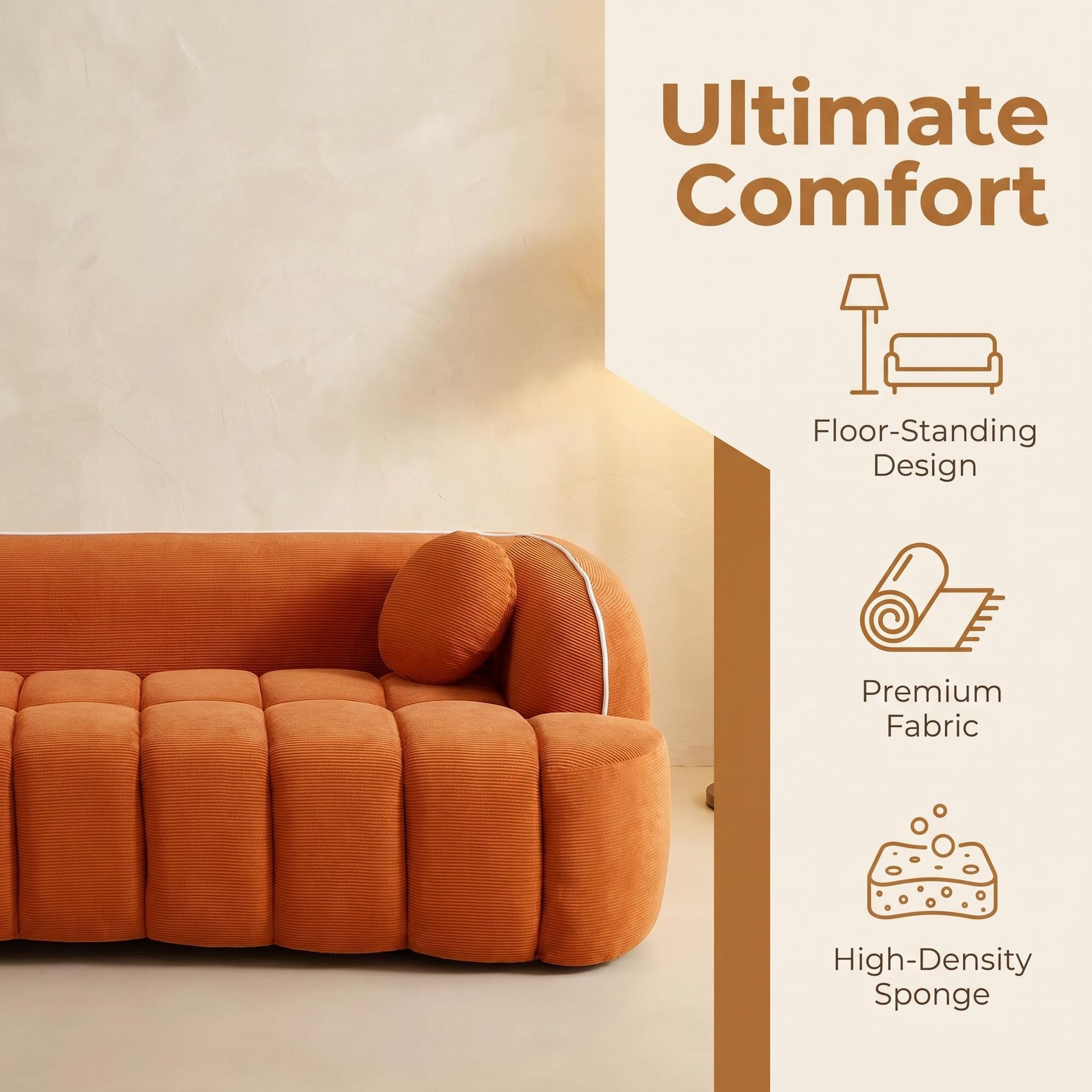 98.4" Modern Compressed Sofa, Cloud Couch 3-Seater Corduroy Sofa, No Assembly Required, Bubble Channel Tufted Couch with 2 Pillows, Comfy Deep Seat for Living Room, Apartment, Office image 4