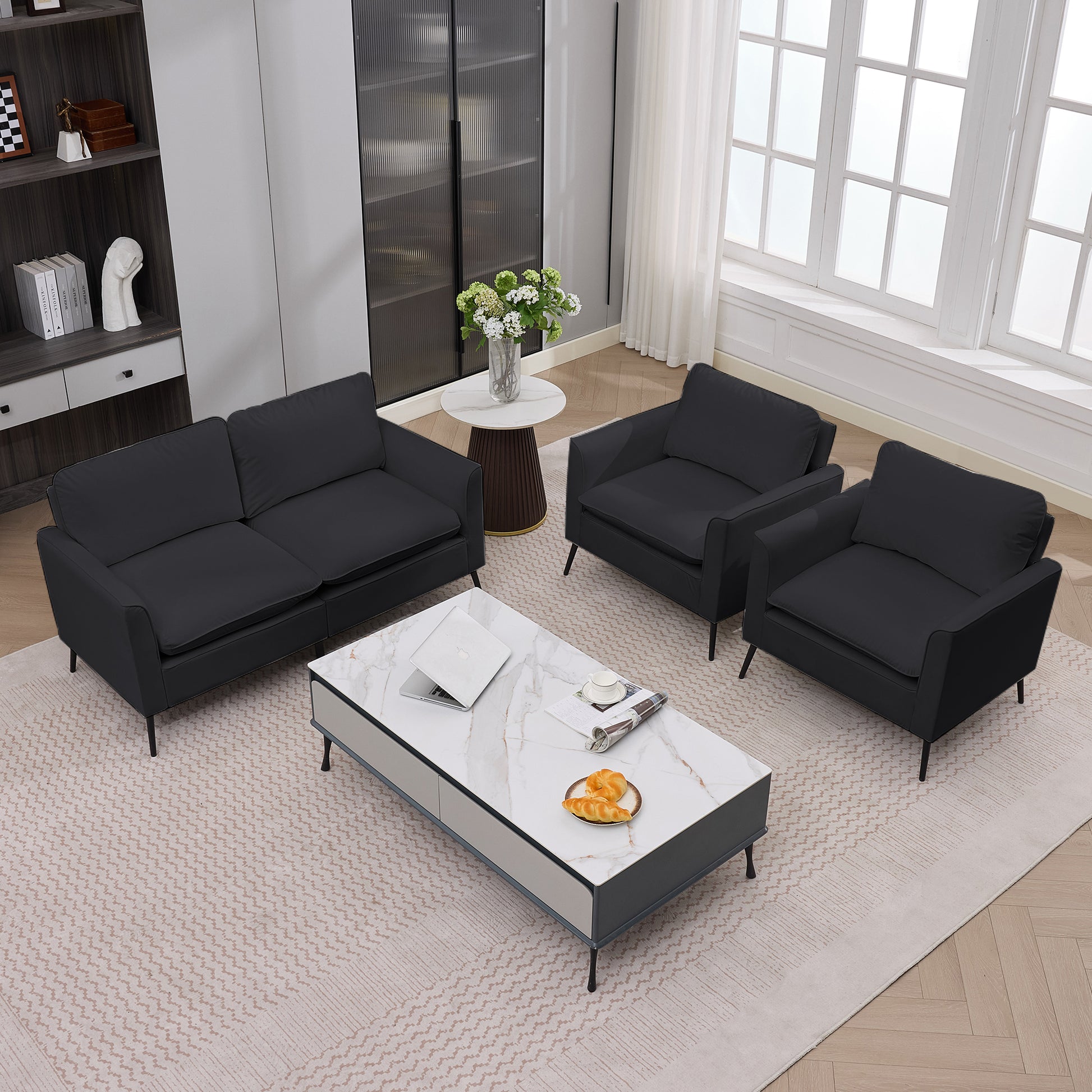 TS Cat paw leather upholstered sofa loveseat,Nordic retro light luxury living room balcony bedroom single casual sofa chair Double sofa + two pack combination (black) image 5