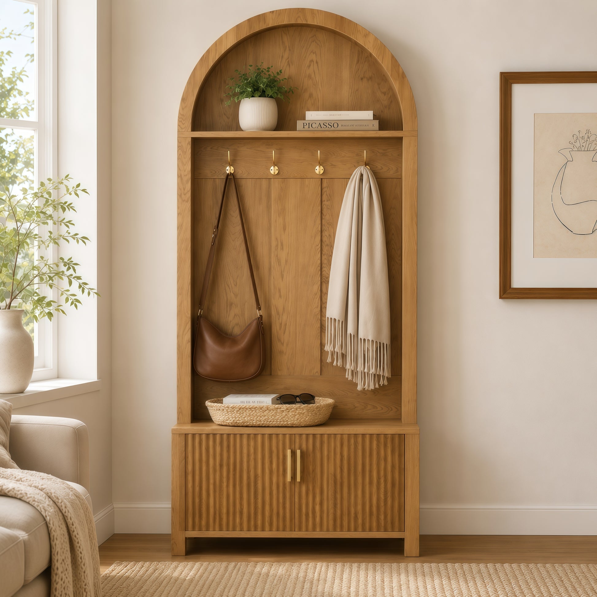 Arched Top Hall Tree with Bench and Shoe Storage,mudroom bench with storage,70.3"Arch Coat Rack with 4 Metal Hooks and 2 Fluted Doors,Farmhouse Style Furniture Organizer for Mudroom, Entryway, Hallway image 4