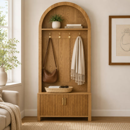 Arched Top Hall Tree with Bench and Shoe Storage,mudroom bench with storage,70.3"Arch Coat Rack with 4 Metal Hooks and 2 Fluted Doors,Farmhouse Style Furniture Organizer for Mudroom, Entryway, Hallway image 4