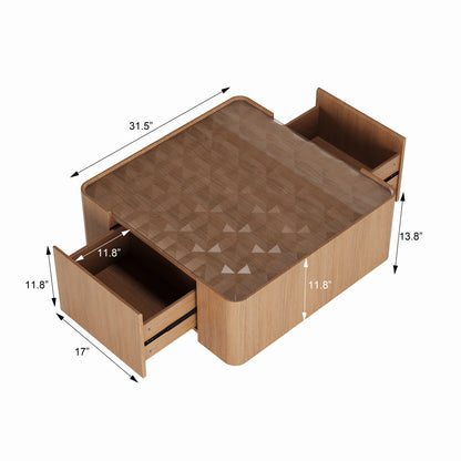 31.5-Inch Square Coffee Table with Storage Drawers,Modern Wooden Coffee Table with Glass Top,Tea Table Center Tables for Living Room Office,Walnut image 10