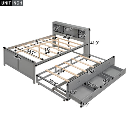 Full Size Platform Bed with Storage Headboard, USB, Twin Size Trundle and 3 Drawers, Gray image 7