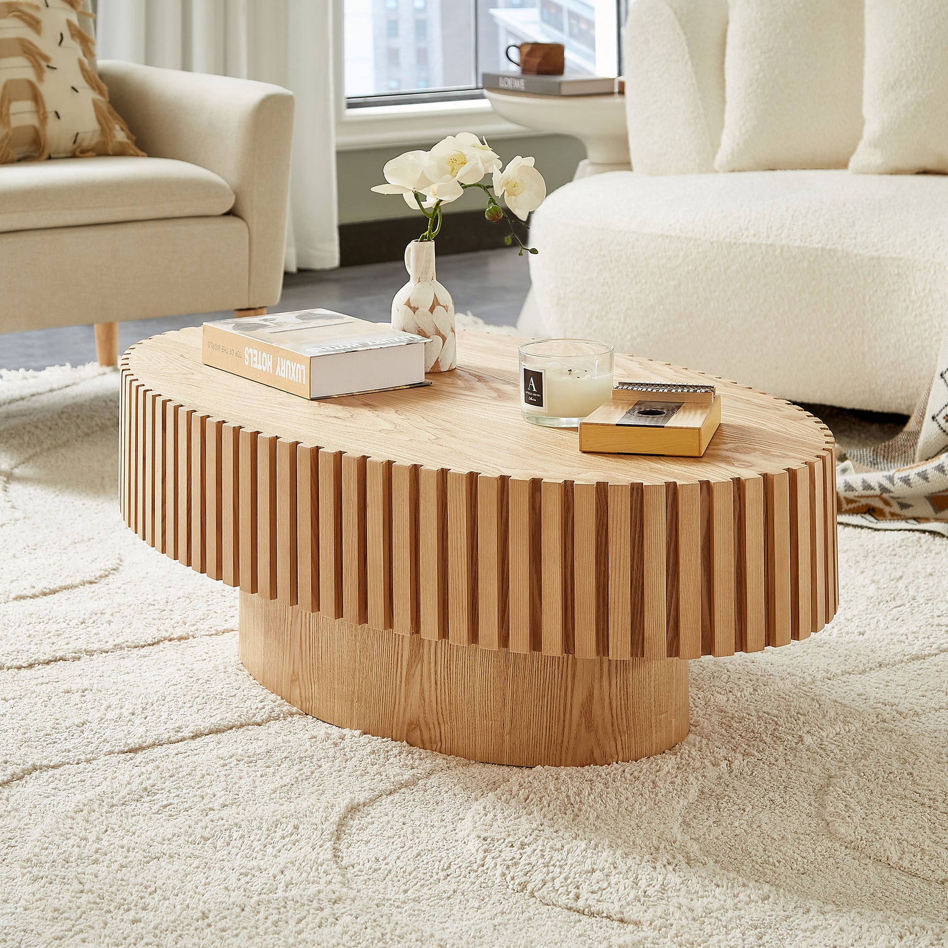 Modern Handcraft Drum Coffee Table Length 43.7 inch Ellipse Coffee Table for Living Room,Oval Small Coffee Table with Sturdy Pedestal,Natural Ash MDF,W2582P251207 image 10