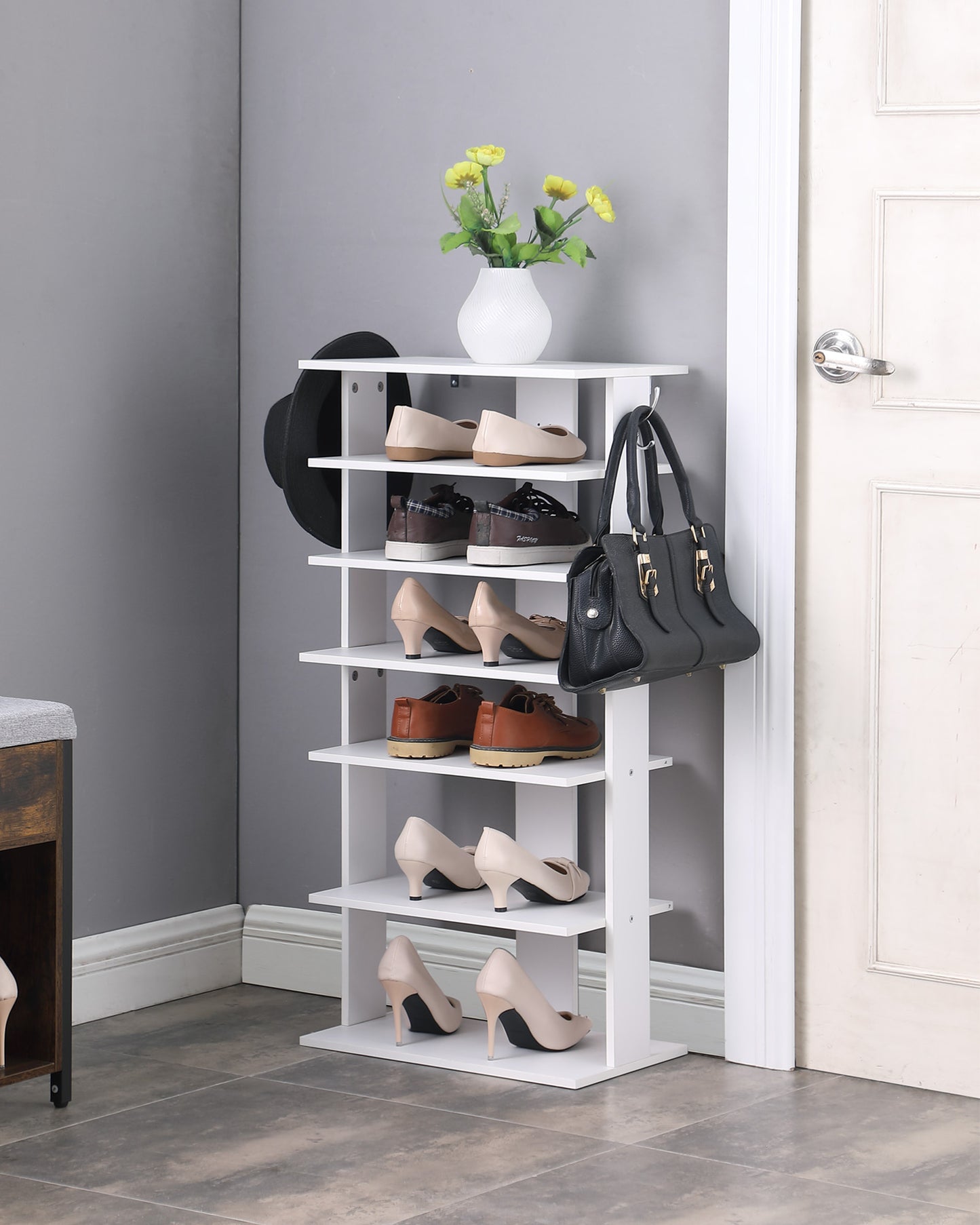 Vertical Shoe Rack,7 Tier Shoe Storage Organizer with Hooks, Entryway Shoe Tower,Vertical Shoe Organizer,Vertical Shoe Organizer,White image 7