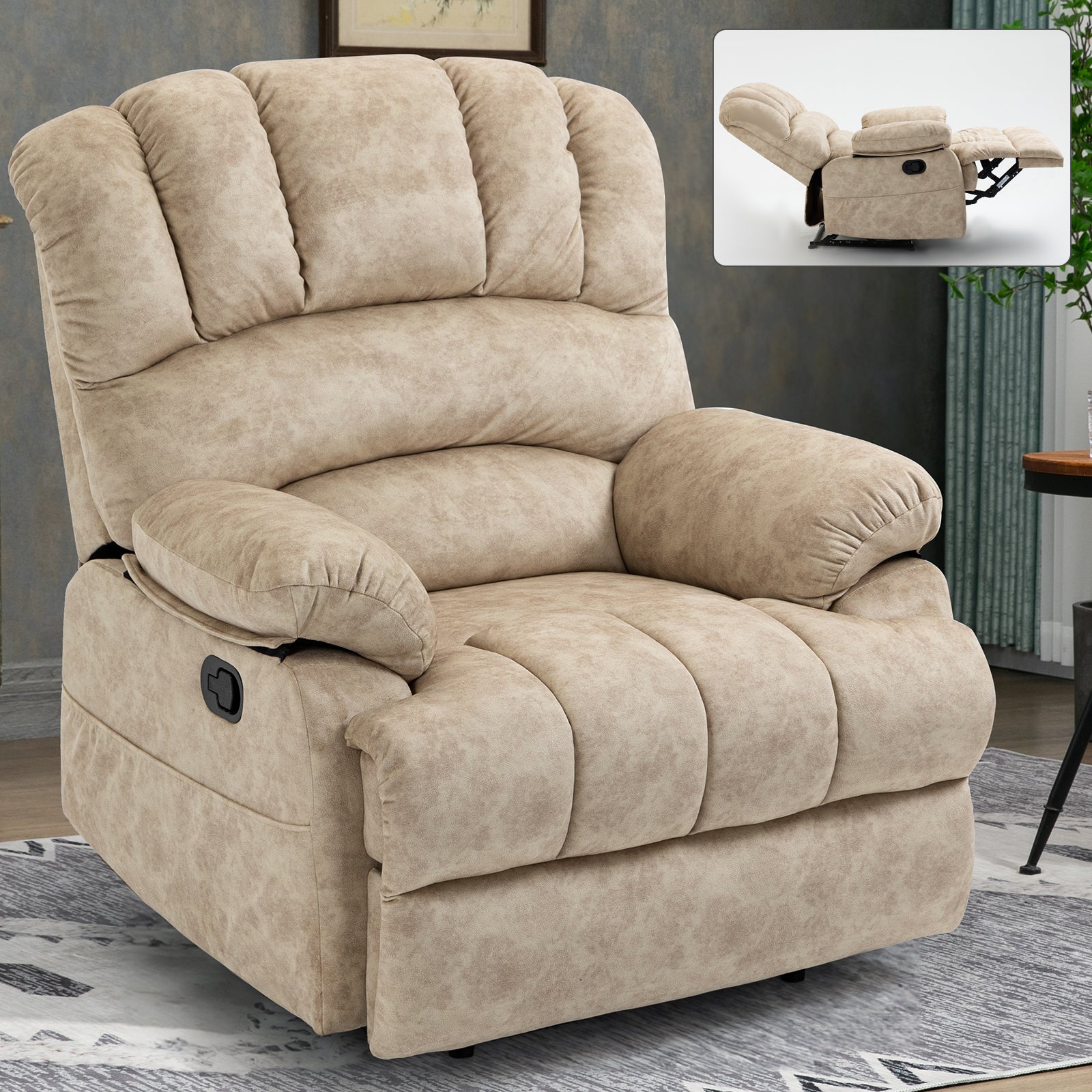 Large Manual Recliner Chair in Fabric for Living Room, Beige image 1
