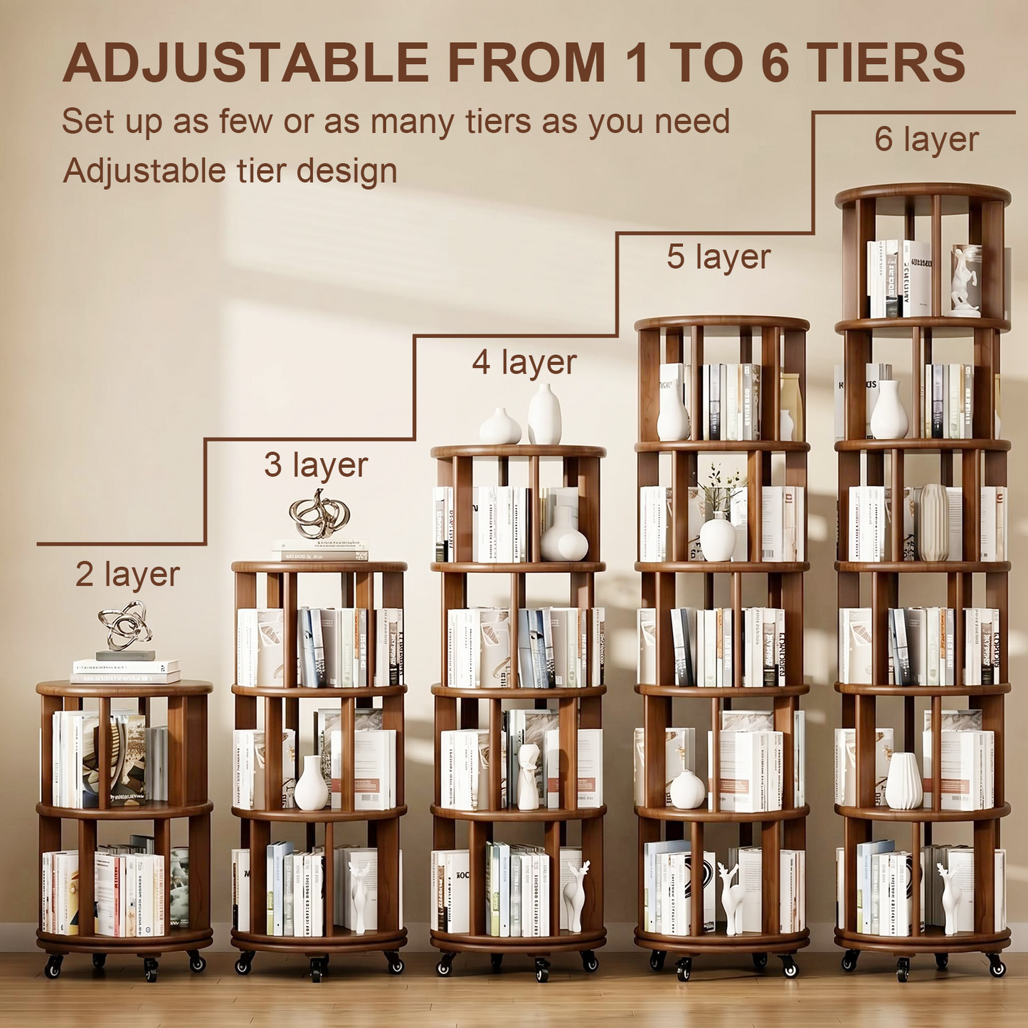 6 Tier Rotating Bookshelf, Solid Wood Rotating Bookshelf Tower with Wheels, 360° Display Round Spinning Bookshelf for Small Spaces, Corner, Bedroom, Living Room, Home, Office, Walnut image 3
