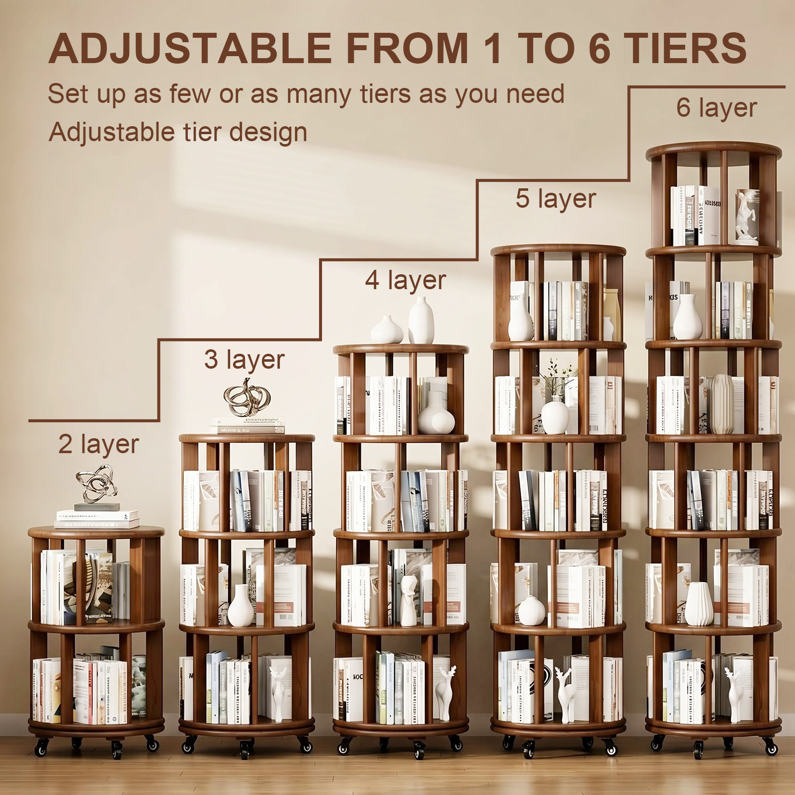6 Tier Rotating Bookshelf, Solid Wood Rotating Bookshelf Tower with Wheels, 360° Display Round Spinning Bookshelf for Small Spaces, Corner, Bedroom, Living Room, Home, Office, Walnut image 3
