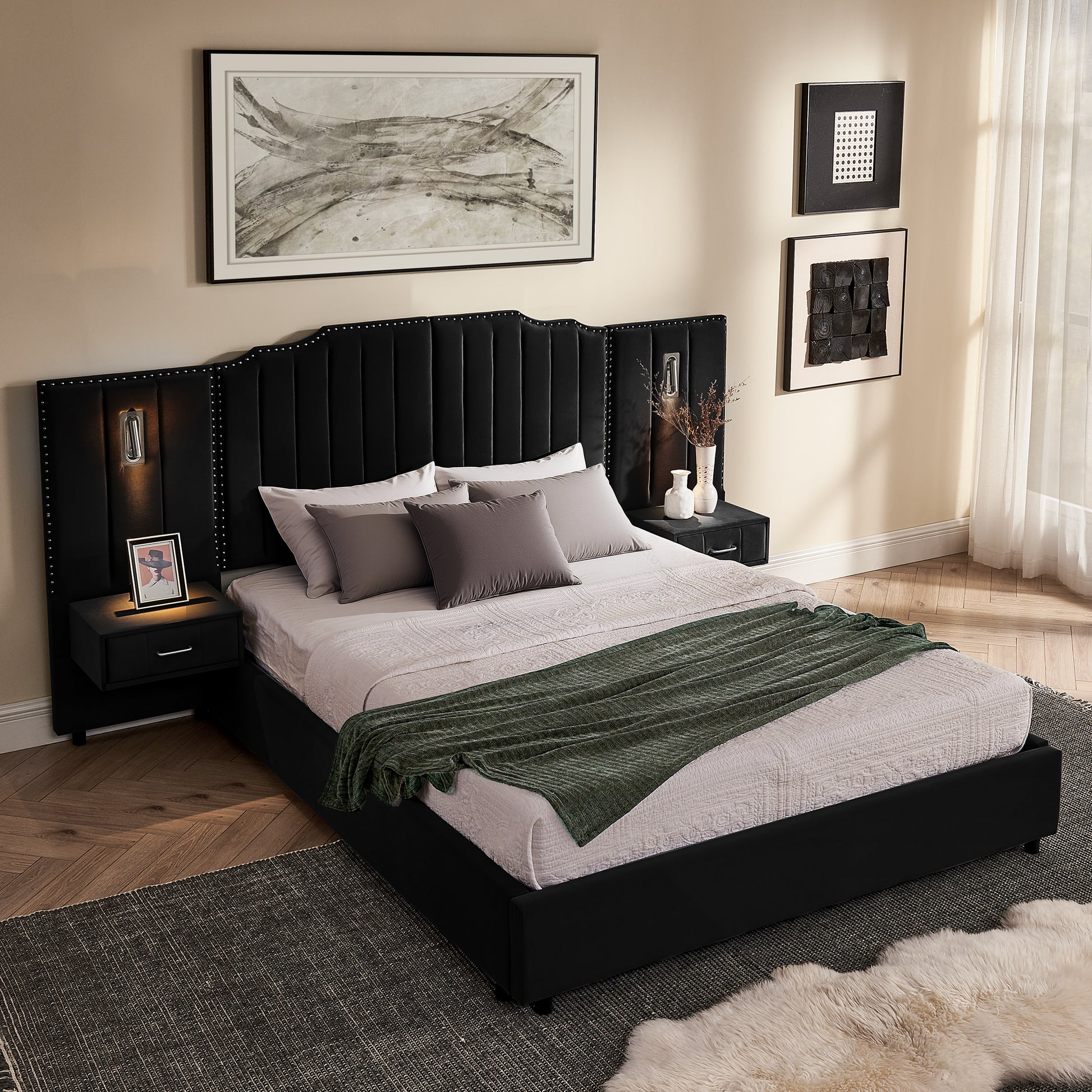 Queen Size Upholstered Bed Frame with Velvet Fabric, Vertical Stripe Design with Buttons Around Platform Bed with Headboard, Solid Frame & Bedside Table - No Box Spring Needed-Black image 3