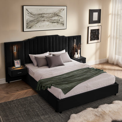 Queen Size Upholstered Bed Frame with Velvet Fabric, Vertical Stripe Design with Buttons Around Platform Bed with Headboard, Solid Frame & Bedside Table - No Box Spring Needed-Black image 3