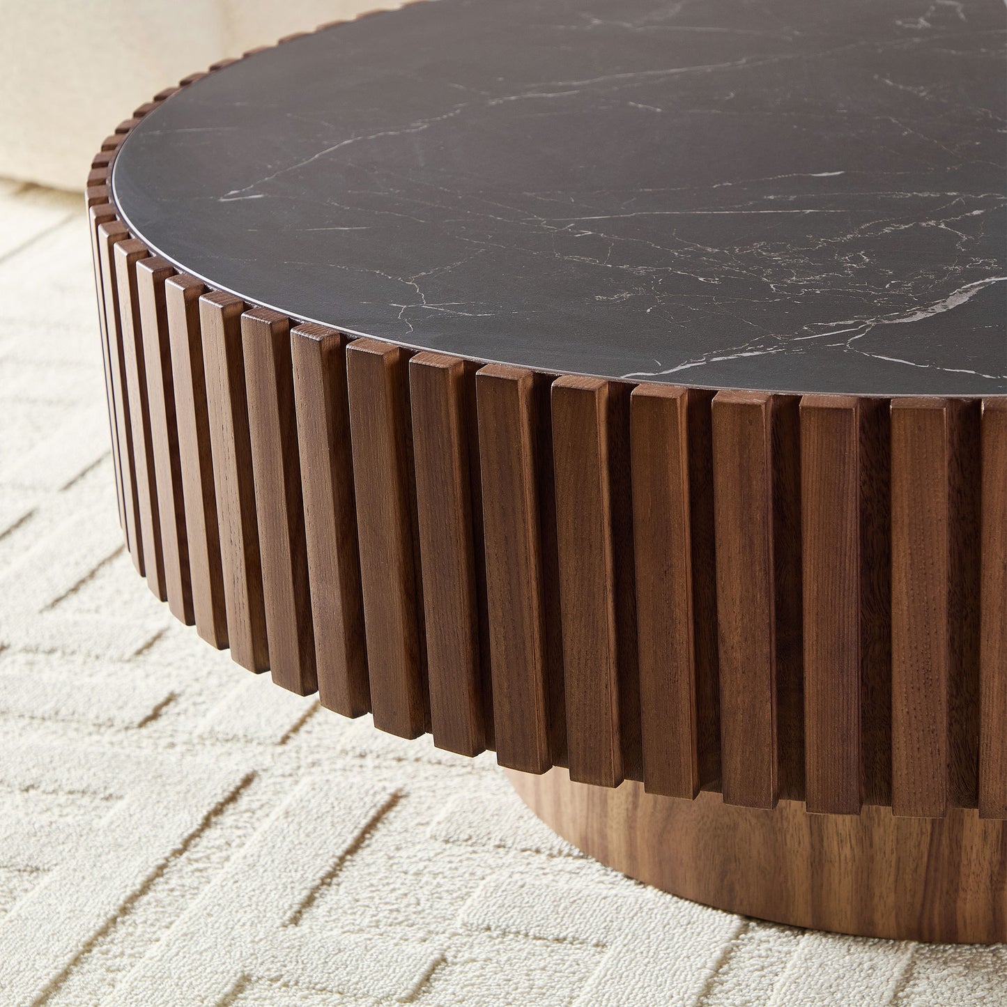 35.43'' Nesting Round Sintered Stone Tabletop Modern Drum Coffee Table Luxury Circle Coffee Table for Apartment Walnut image 3