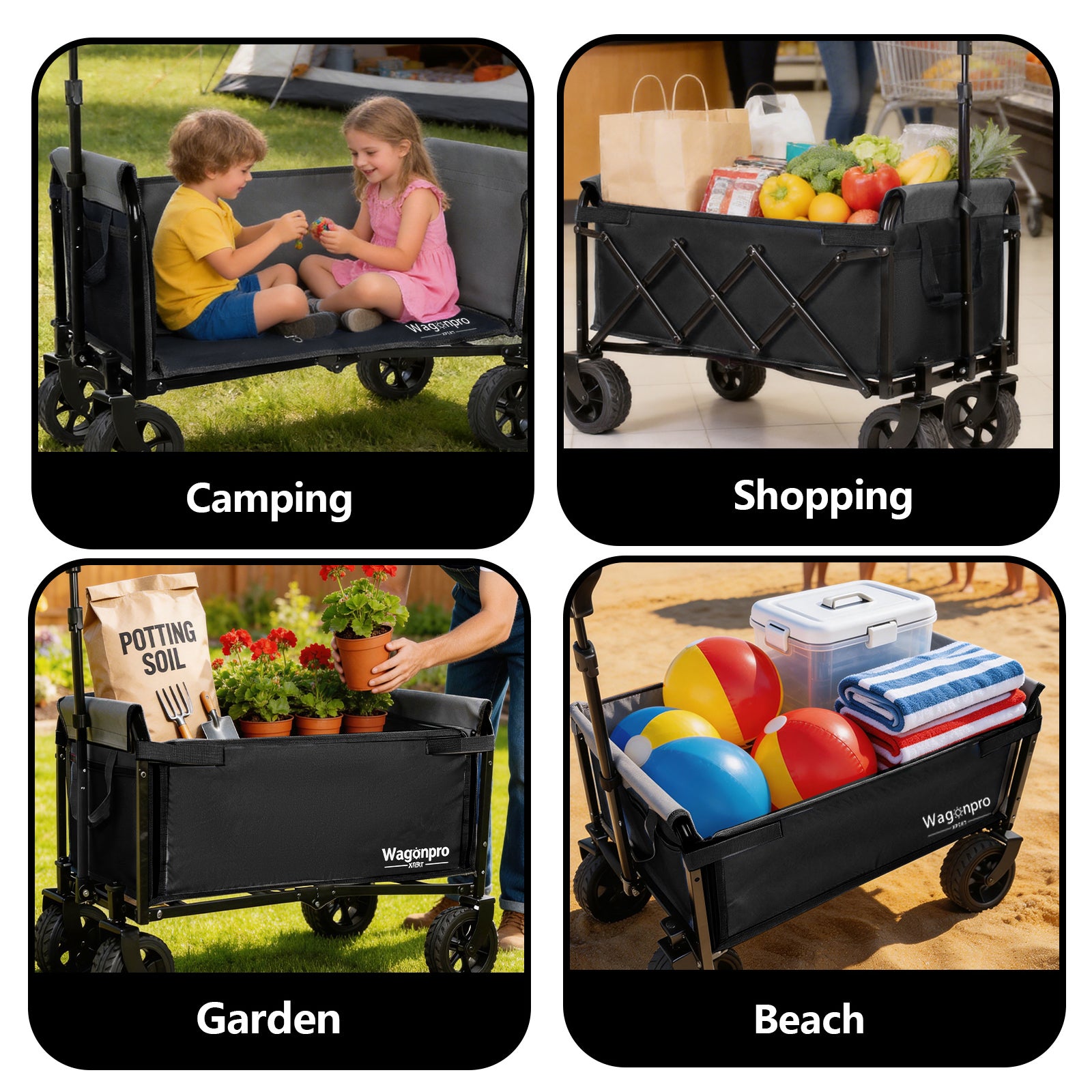 Upgraded 5*2" Wide Wheels, All-in-One Convertible Folding Trolley with Full-Side Opening & Dog Leash, Versatile Seating & Storage, 220Lbs Capacity for Camping, Beach, Shopping, Black image 3