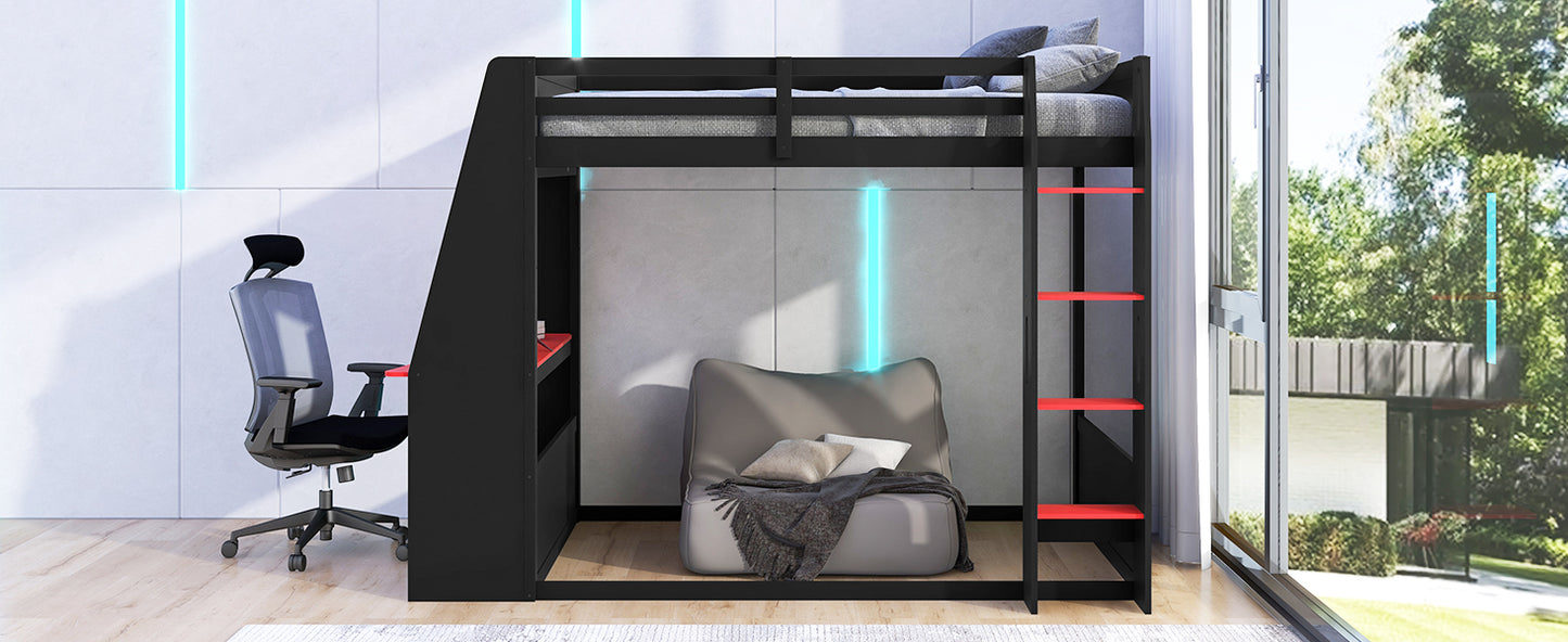 Full Size Wooden Gaming Bunk Bed with Desk,Two Storage Shelves,USB and LED Light image 8