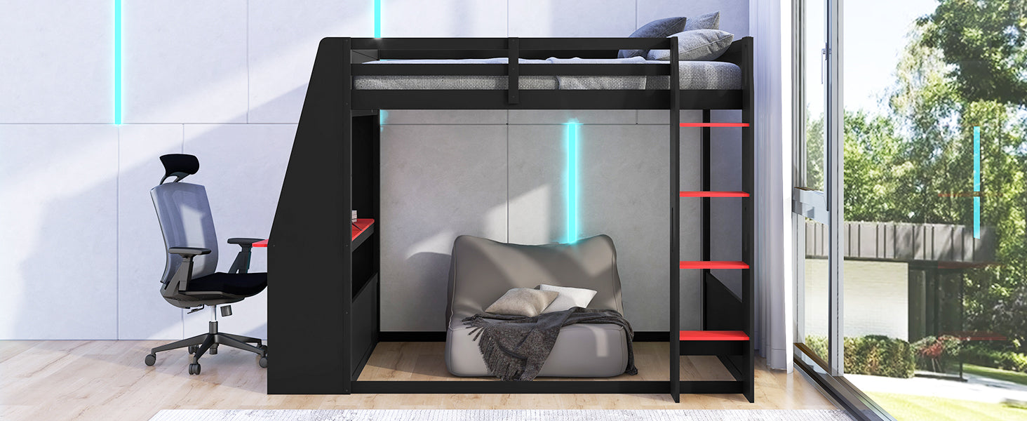 Full Size Wooden Gaming Bunk Bed with Desk,Two Storage Shelves,USB and LED Light image 8