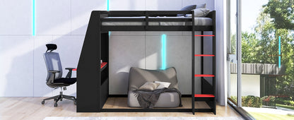 Full Size Wooden Gaming Bunk Bed with Desk,Two Storage Shelves,USB and LED Light image 8