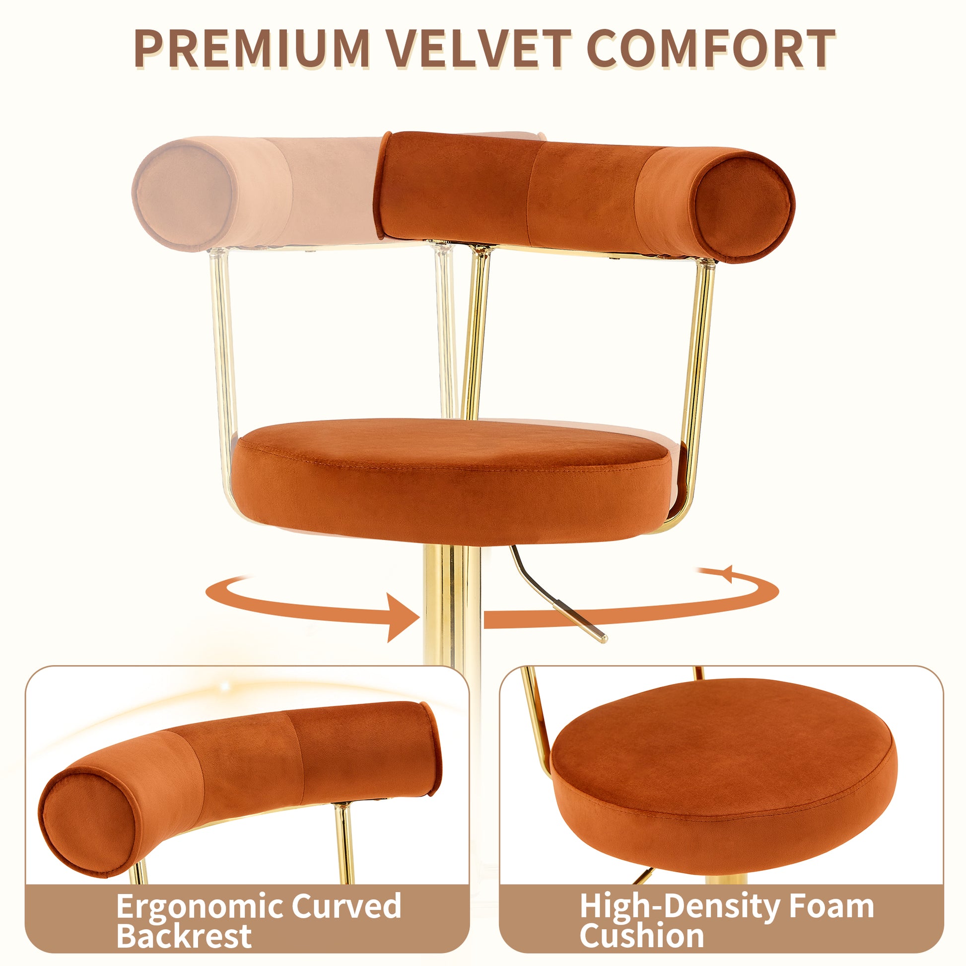Soft Velvet Upholstered Swivel Adjustable Bar Chair with electroplated gold legs - Dining Room Living Room Bar Cafe Reception Desk Bar Stool(Rusty Orange, Set of 2) image 3
