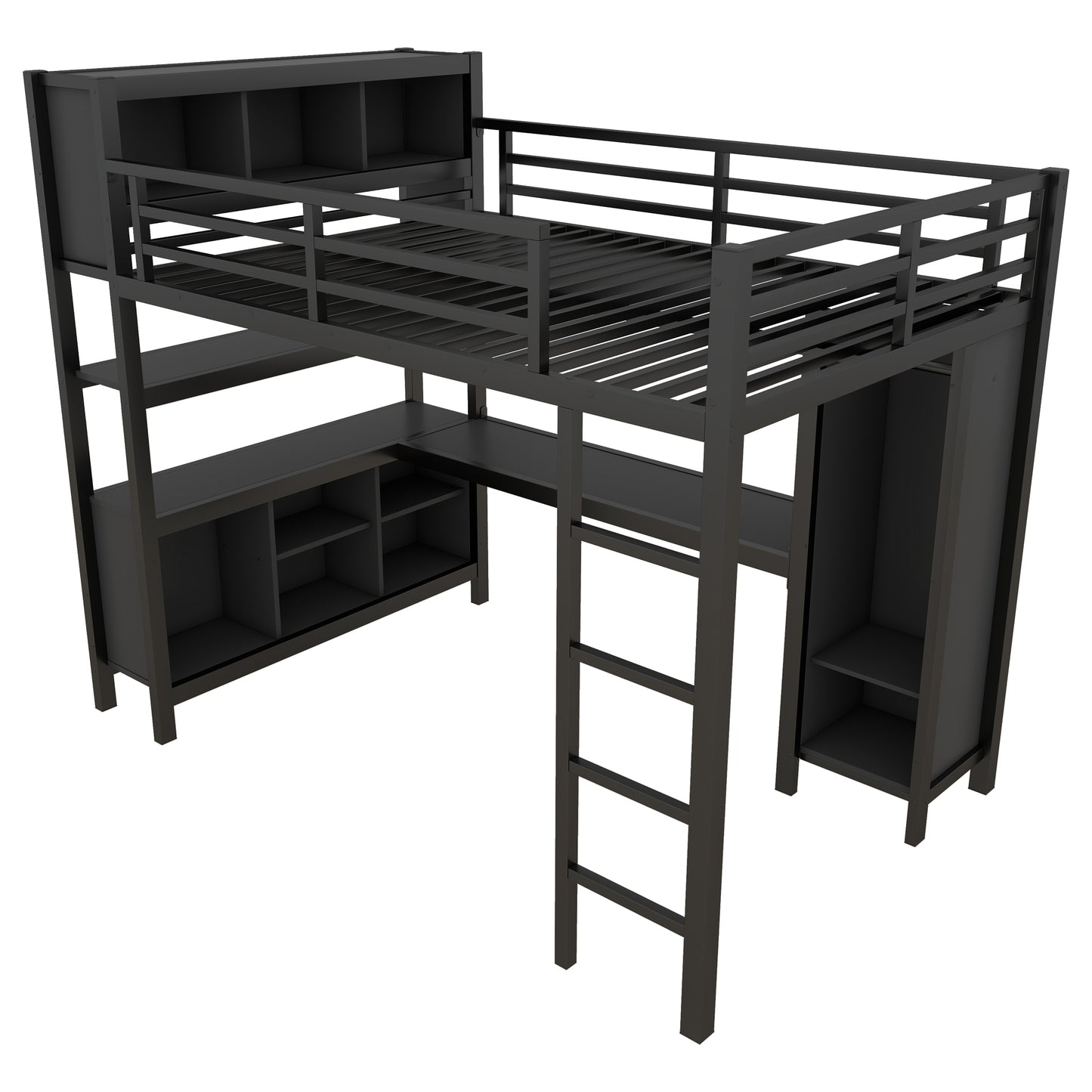 Metal Loft Bed with Wardrobe And L-shaped Desk, Full Size Loft Bed with Storage Cubes and Shelves, Heavy Duty Loft Bed for Kids Teens Adults, Black image 6