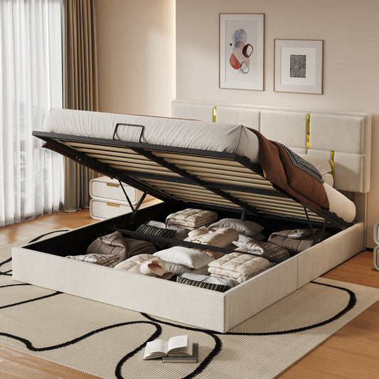 Queen Size Upholstered Platform Bed with Hydraulic Storage System,No Box Spring Needed,Beige(Old SKU: N733P207778A) image 1