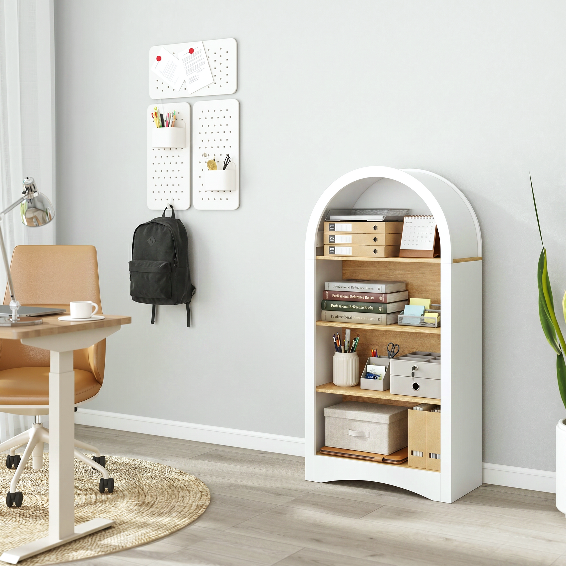 47" Freestanding Display Rack with Woodgrain Shelves, Arched Multifunctional Storage Cabinet, 4-Tier Open Shelf, Small Space Accent Bookcase for Living Room, Bedroom, Entryway,WHITE image 3