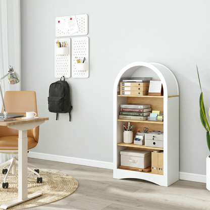 47" Freestanding Display Rack with Woodgrain Shelves, Arched Multifunctional Storage Cabinet, 4-Tier Open Shelf, Small Space Accent Bookcase for Living Room, Bedroom, Entryway,WHITE image 3