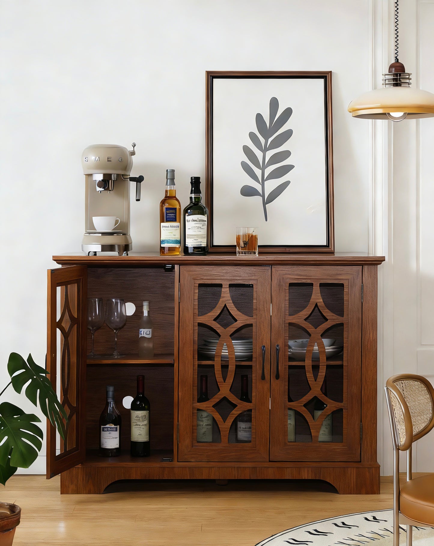 48.66" x 15.55" x 34.06" Spacious size sideboard 3 clear tempered glass doors buffet with adjustable shelf, MDF with dark OAK decorative laminates storage cabinet for dinning room, kitchen,living room image 4