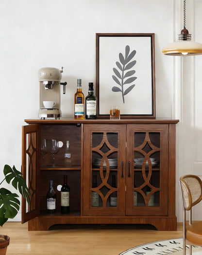 48.66" x 15.55" x 34.06" Spacious size sideboard 3 clear tempered glass doors buffet with adjustable shelf, MDF with dark OAK decorative laminates storage cabinet for dinning room, kitchen,living room image 4