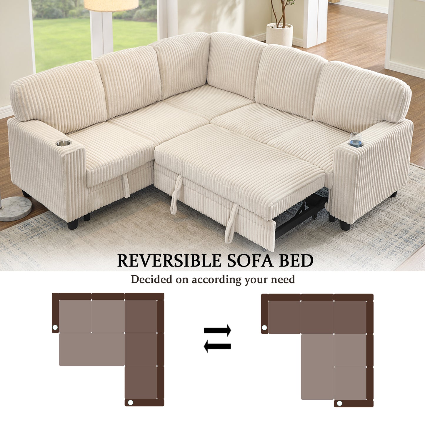 L-Shaped Sectional Sofa Bed with Pull-Out Bed & Storage, 5-Seat Sleeper Couch with USB Charging, Convertible Design for Living Room, Apartment, Corduroy Fabric, Beige image 8