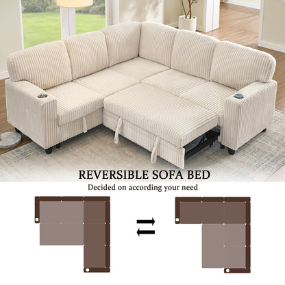 L-Shaped Sectional Sofa Bed with Pull-Out Bed & Storage, 5-Seat Sleeper Couch with USB Charging, Convertible Design for Living Room, Apartment, Corduroy Fabric, Beige image 8