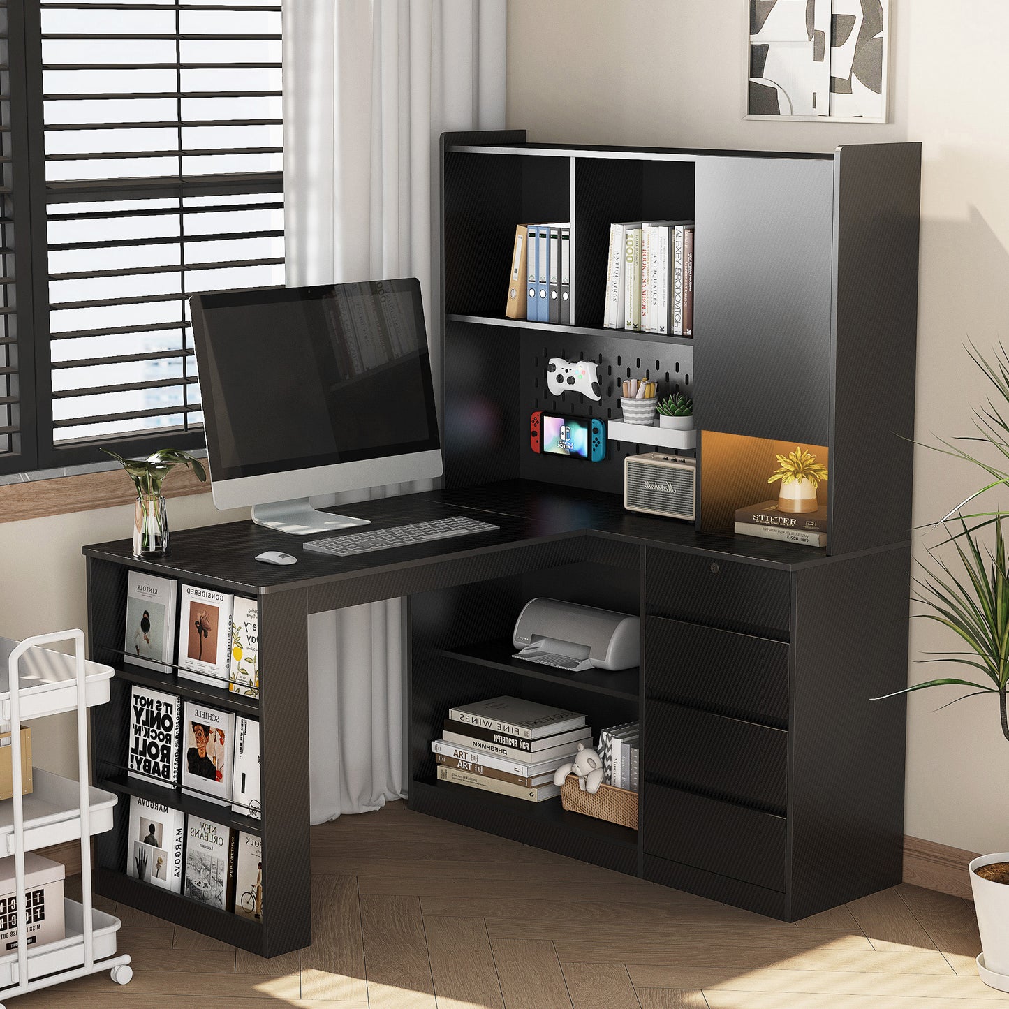L Shaped Desk with Charger,Computer Desk with Drawers,Bookshelf, with LED Light,Modern Corner Desk,Home Office Desk,L-Shaped Study Table Writing Desk,Corner Gaming Computer Desk with Storage image 2