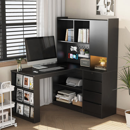 L Shaped Desk with Charger,Computer Desk with Drawers,Bookshelf, with LED Light,Modern Corner Desk,Home Office Desk,L-Shaped Study Table Writing Desk,Corner Gaming Computer Desk with Storage image 2