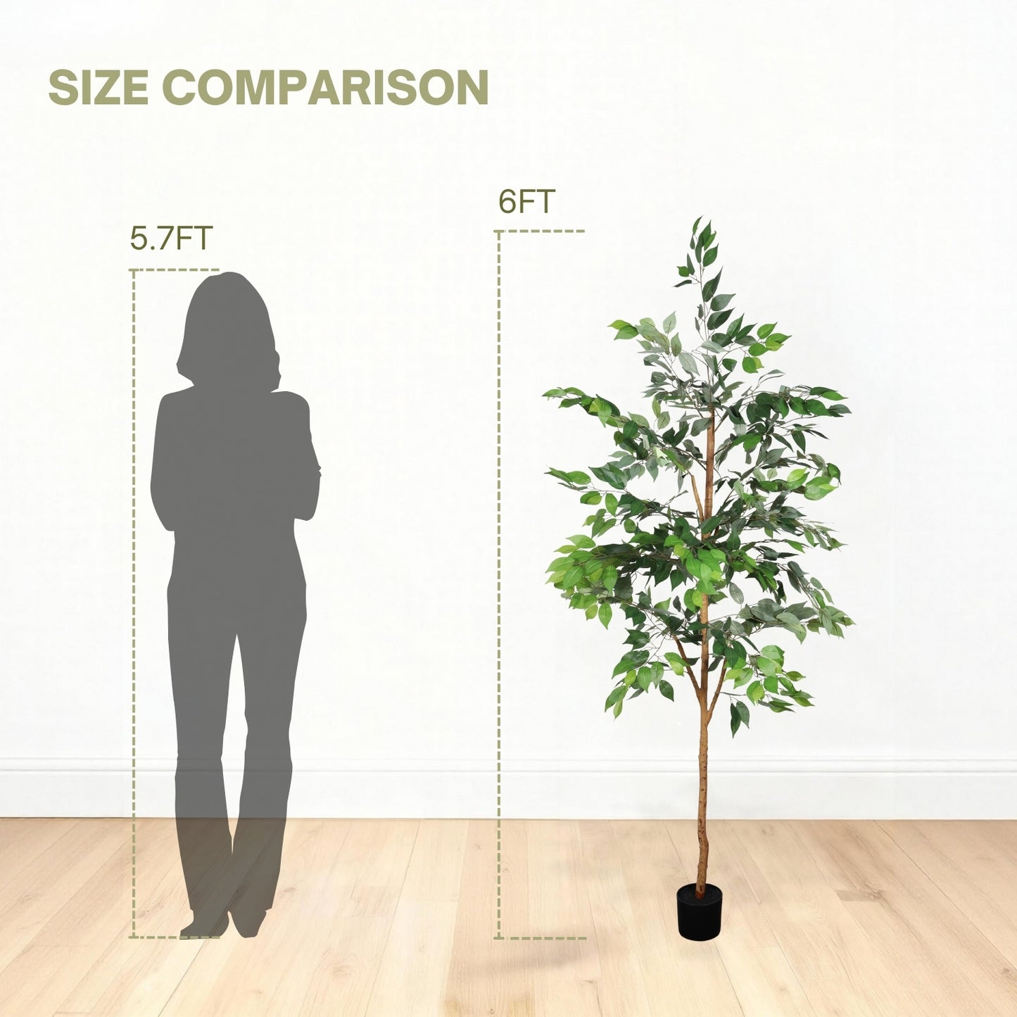 6FT Artificial Ficus Tree with Natural Trunk in Black Plastic Pot for Indoor Home Office Decor, 1pc/set image 10