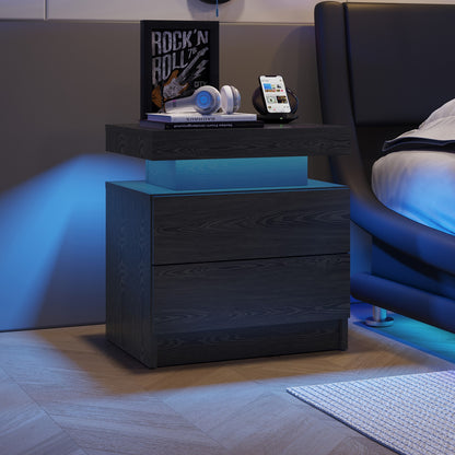 Nightstand LED Bedside Table Cabinet Lights Modern End Side with 2 Drawers for Bedroom (Black Woodgrain) image 7