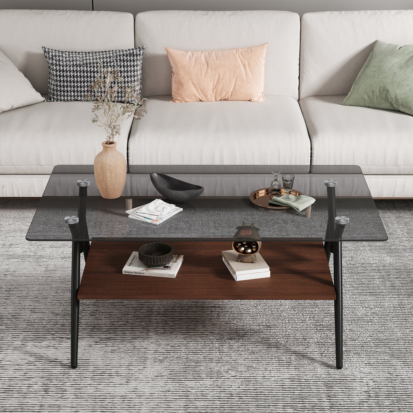 Rectangle Coffee Table with Tempered Glass top and Brown MDF Shelf, Modern Table for Living Room, Gray Glass image 5