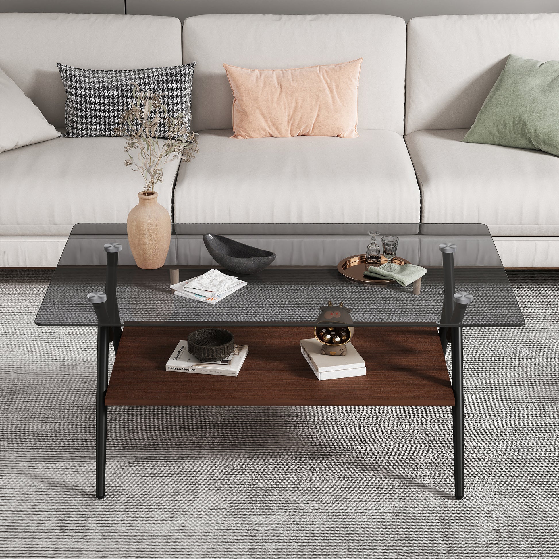 Rectangle Coffee Table with Tempered Glass top and Brown MDF Shelf, Modern Table for Living Room, Gray Glass image 5