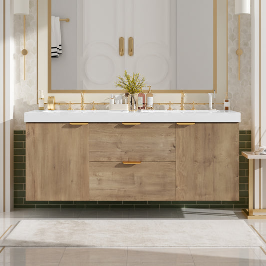 [Video]59.3 Inch Double Sink Bathroom Vanity with SMC Top, MDF Cabinet, Soft Close Doors, Divided Drawers, Wall-Mounted Modern Storage Vanity for Large Bathrooms image 1