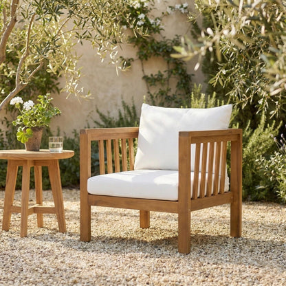 Acacia Wood Club Chair front view on patio