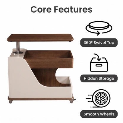 A small side table or coffee table with an adjustable height, suitable for the living room, balcony or bedroom. It is portable and features storage compartments, available in off-white and walnut. image 5