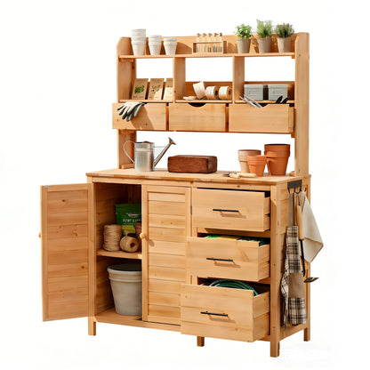 (With Assembly Video) TOPMAX Farmhouse Patio Potting Bench, 44.6''x19.5'' Large Freestanding Garden Workstation with 6 Drawers, Bottom Cabinet and Side Hook, Outdoor Kitchen Island, Natural Wood image 8