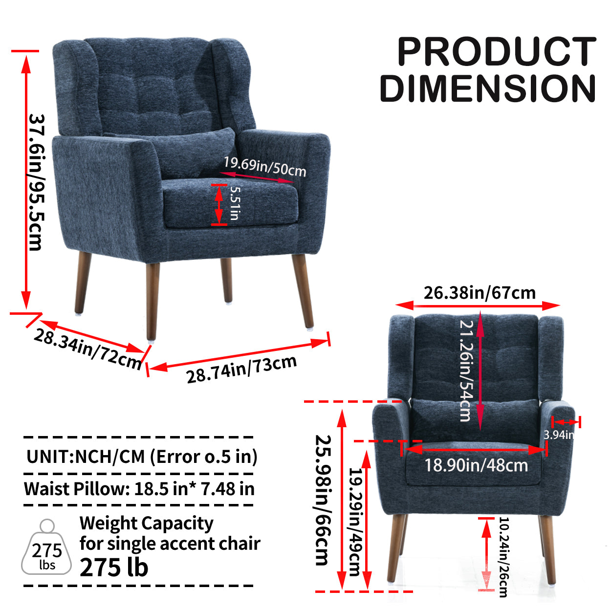 Modern Accent Chair,Chenille Arm Chairs for Living Room,Upholstered Mordern Armchair,Comfy Soft Padded Lounge Chair in Small Space, Bedroom, w/Pillow, Solid Wood Leg (Dark Blue) image 7