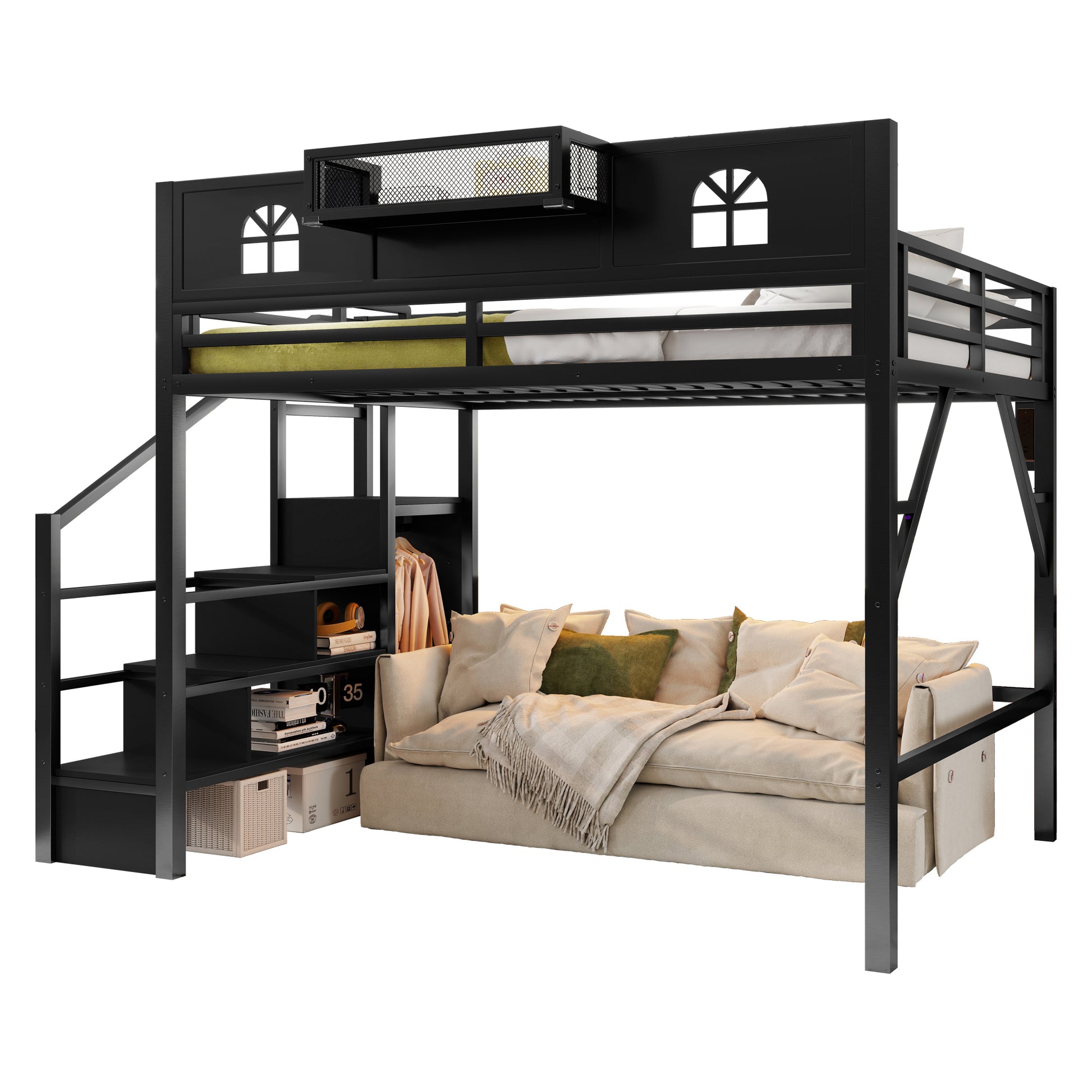 Queen Size Loft Bed with Stairs, Metal Queen Loft Bed with High and House Shaped Guardrails, High Loft Bed with Wardrobe for Kids Teens, black (Expect Arrival Date2026/3/17) image 8
