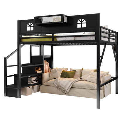 Queen Size Loft Bed with Stairs, Metal Queen Loft Bed with High and House Shaped Guardrails, High Loft Bed with Wardrobe for Kids Teens, black (Expect Arrival Date2026/3/17) image 8