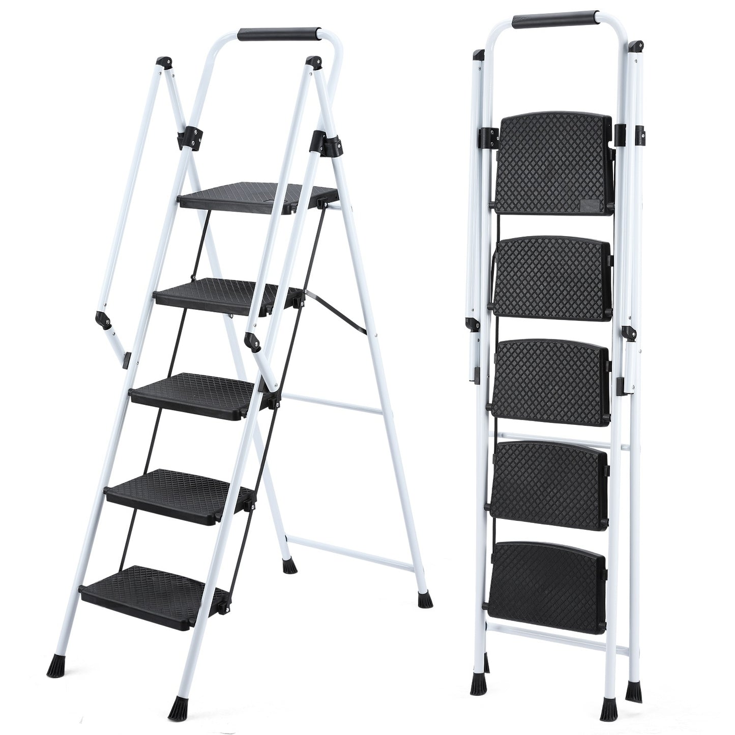 ladder, folding ladder stool, with anti slip wide pedals, steel ladder, with safety anti slip handle, lightweight 330 pound portable steel ladder stool in White 5 steps image 1