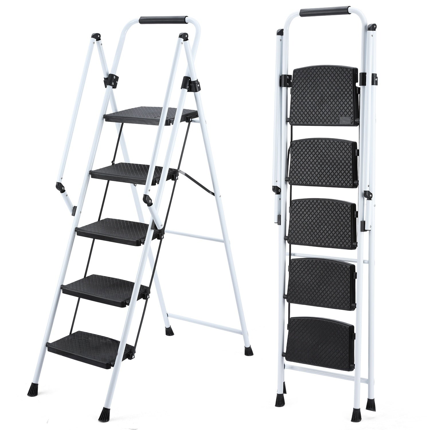 ladder, folding ladder stool, with anti slip wide pedals, steel ladder, with safety anti slip handle, lightweight 330 pound portable steel ladder stool in White 5 steps image 1