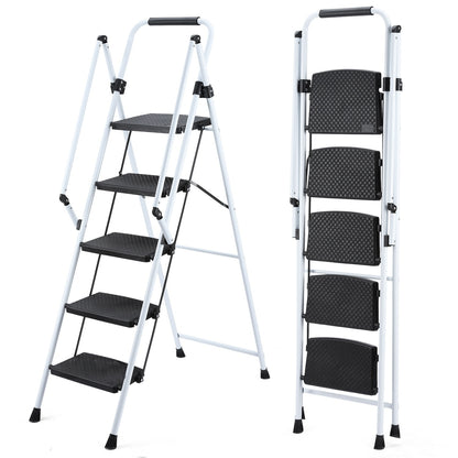 ladder, folding ladder stool, with anti slip wide pedals, steel ladder, with safety anti slip handle, lightweight 330 pound portable steel ladder stool in White 5 steps image 1