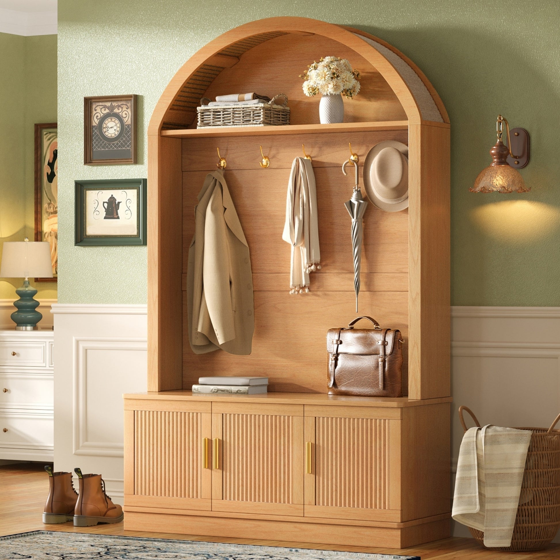 Farmhouse Fabric Arched Top Hall Tree with 5 Metal Hooks, All-in-One Mudroom Furniture with Adjustable Shelves, Mid-Century Fluted Door Entryway Bench with Wood Grain Finish for Hallway, Natural image 1