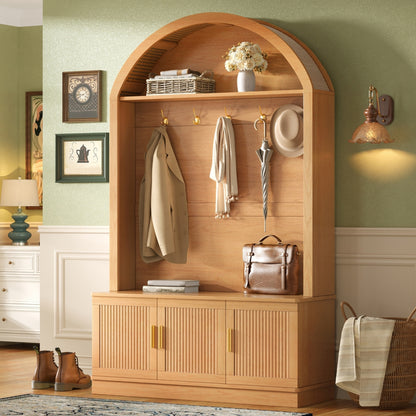 Farmhouse Fabric Arched Top Hall Tree with 5 Metal Hooks, All-in-One Mudroom Furniture with Adjustable Shelves, Mid-Century Fluted Door Entryway Bench with Wood Grain Finish for Hallway, Natural image 1