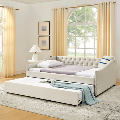 Full Size Daybed with USB Charging & Twin Size Pull-out Extendable Bed, with Button on Back and Copper Nail on Waved Shape Arms image 2