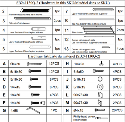 Queen Size Solid Wood Bed Accessories Package, Including Parts 2, 3, 4, 5, 6, 7, 10, 11, 12, 13, and Hardware, Walnut image 3