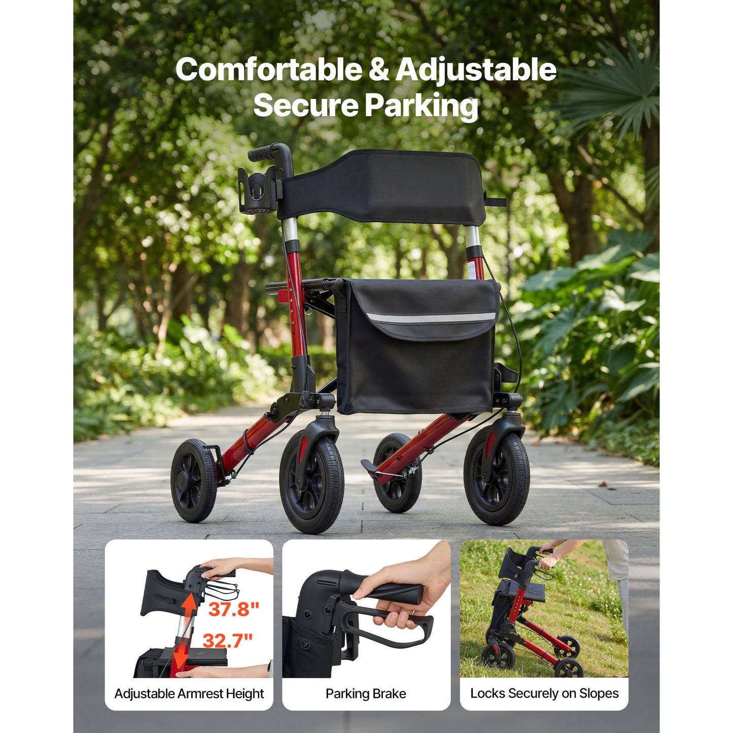 Rollator Walker with Seat for Seniors, Ultra Compact 3-Fold Rolling Walker, Lightweight Aluminum Mobility Walking Aid with PU Solid Wheels, Adjustable Handle, Cup & Cane Holder - Supports 300LBS image 3
