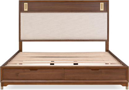 Mid-Century Modern 1pc Eastern King Size Bed w Storage Drawers Walnut Solid wood Upholstered HB Reading Light Bedroom Furniture image 7